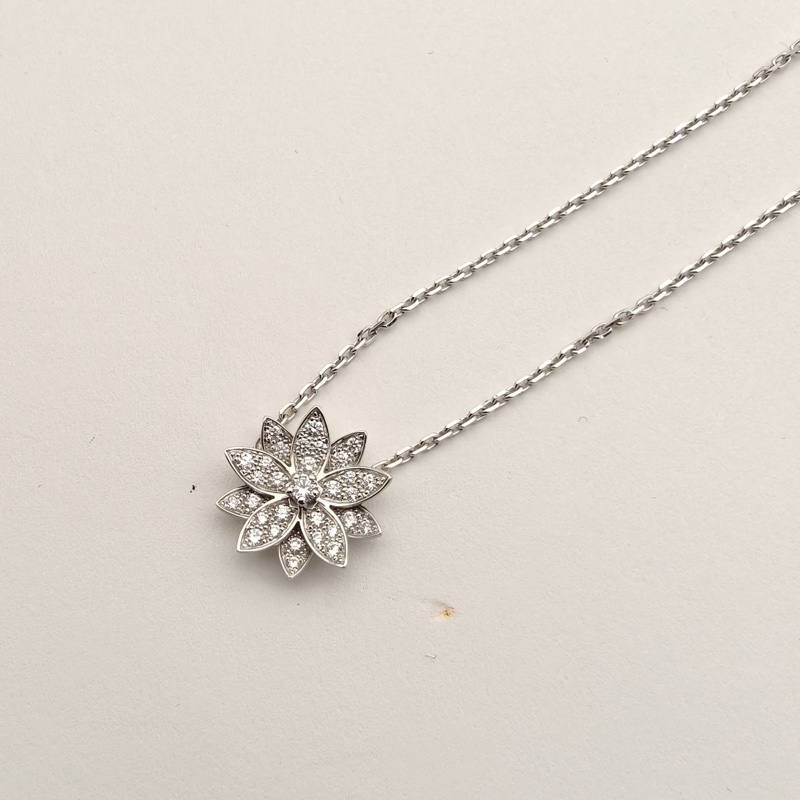 VAN CLEEF&ARPELS 18K白金鑽石Lotus系列蓮花滿鑽項鏈小號-2
