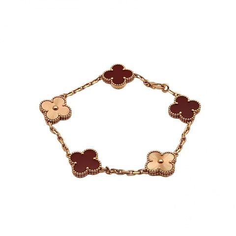 VAN CLEEF&ARPELS VintageAlhambra中號五花手鏈鐳射新扣18K玫瑰金/紅玉髓S-M碼