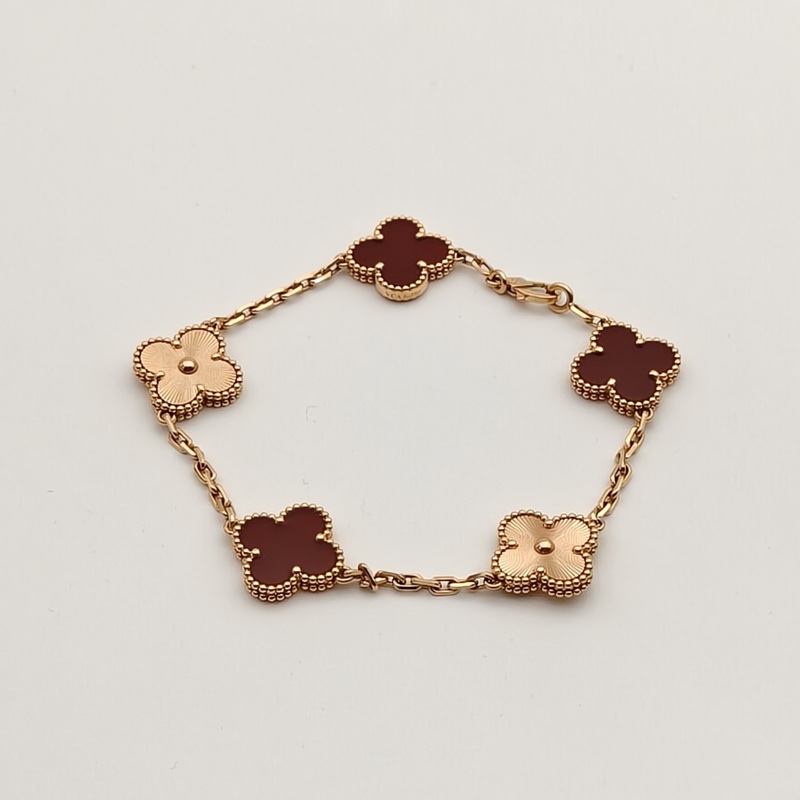 VAN CLEEF&ARPELS VintageAlhambra中號五花手鏈鐳射新扣18K玫瑰金/紅玉髓S-M碼-1