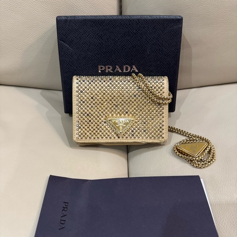 Prada 普拉達 香檳金亮水鑽腰包/斜背小包/二手美品