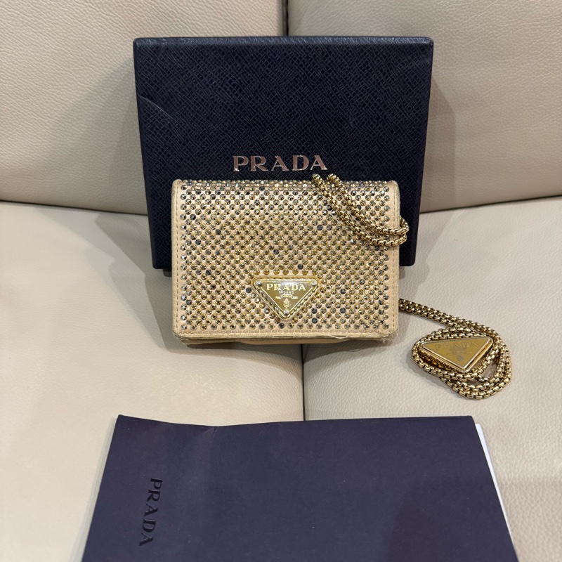Prada 普拉達 香檳金亮水鑽腰包/斜背小包/二手美品-0