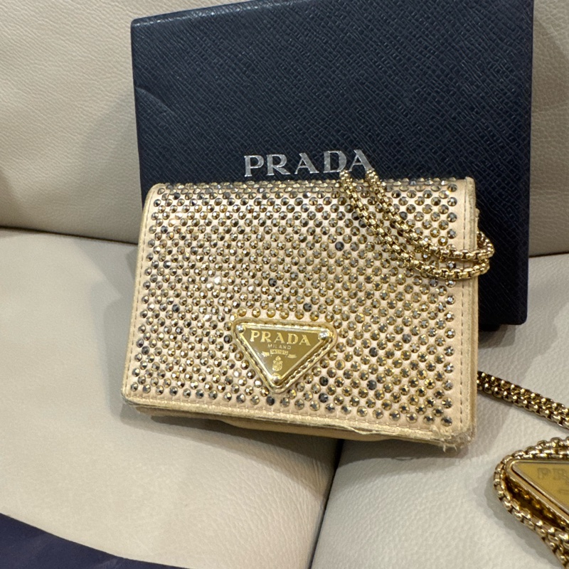 Prada 普拉達 香檳金亮水鑽腰包/斜背小包/二手美品-1