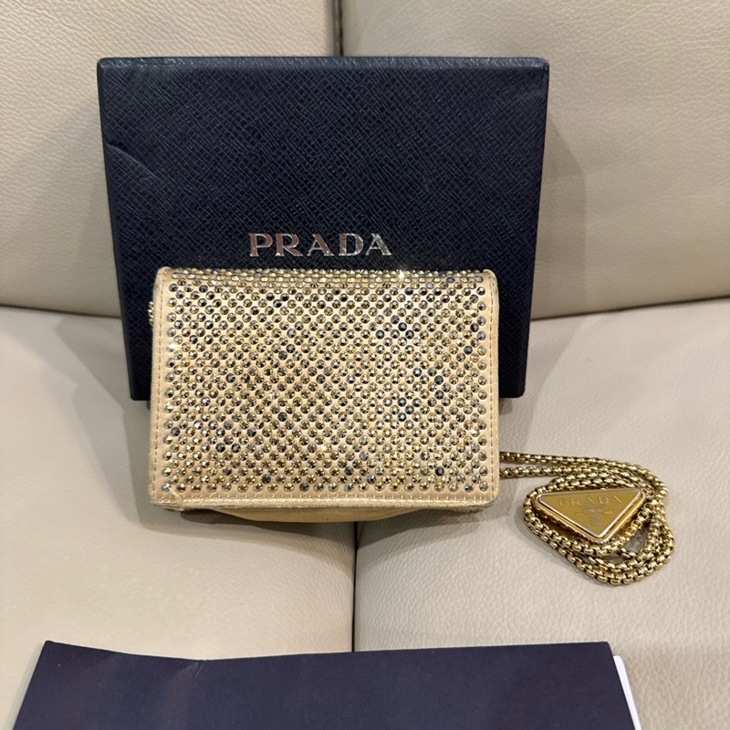 Prada 普拉達 香檳金亮水鑽腰包/斜背小包/二手美品-2