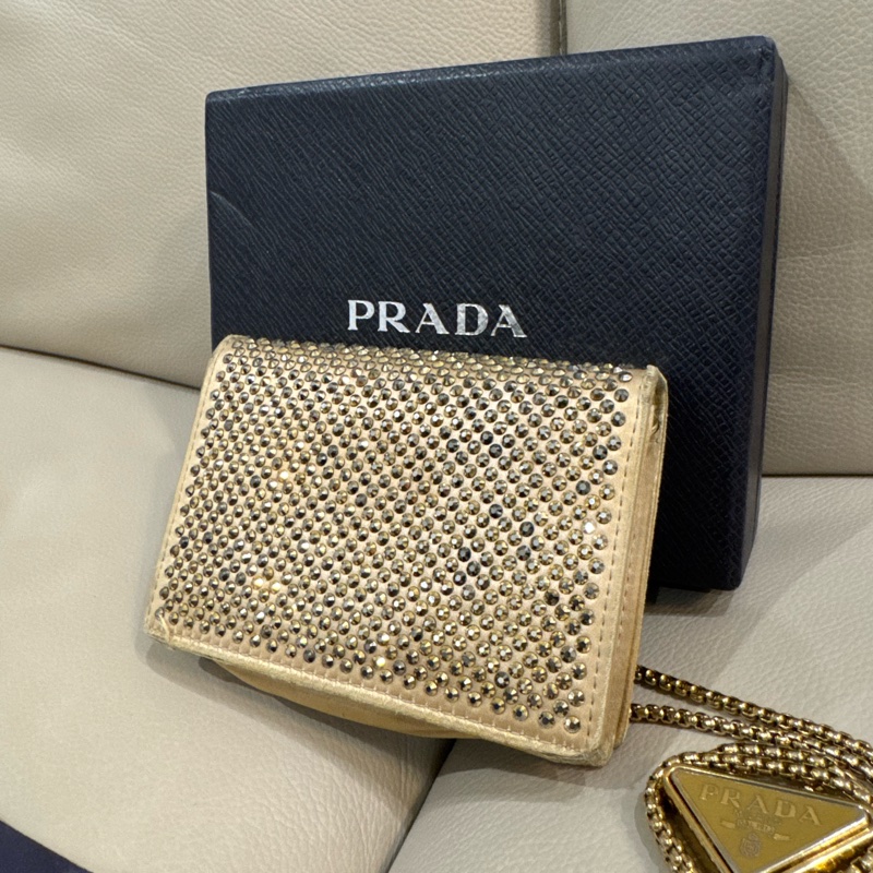 Prada 普拉達 香檳金亮水鑽腰包/斜背小包/二手美品-3
