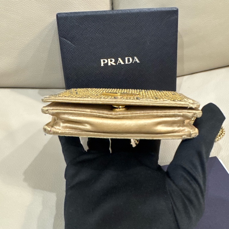 Prada 普拉達 香檳金亮水鑽腰包/斜背小包/二手美品-4