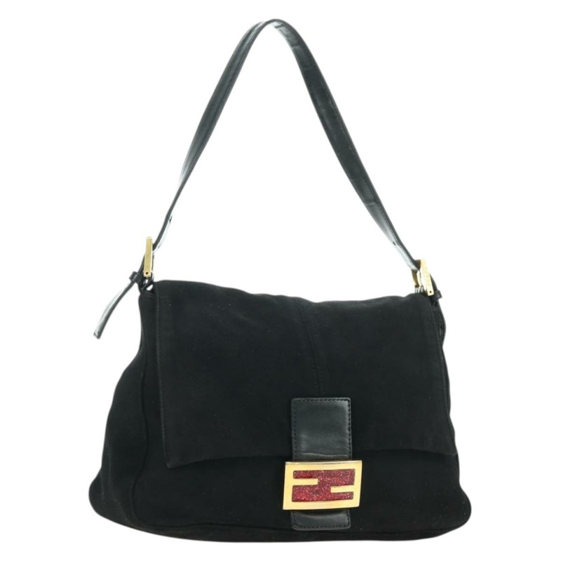 【日本直送】FENDI Mamma Baguette 單肩包 麂皮 黑色 金色 正品 yk20351SAM-0