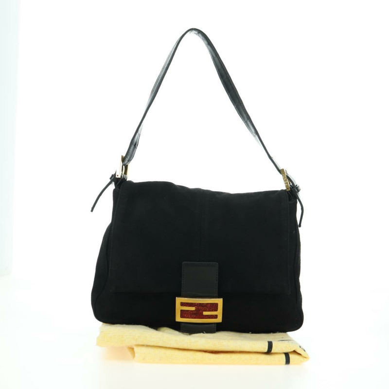 【日本直送】FENDI Mamma Baguette 單肩包 麂皮 黑色 金色 正品 yk20351SAM-11