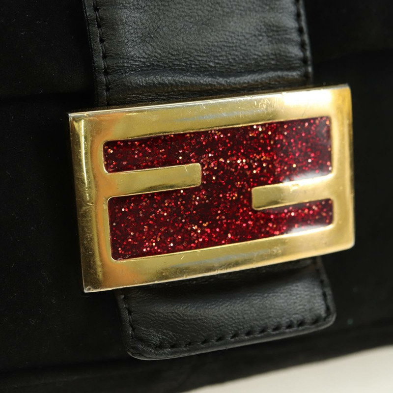 【日本直送】FENDI Mamma Baguette 單肩包 麂皮 黑色 金色 正品 yk20351SAM-18