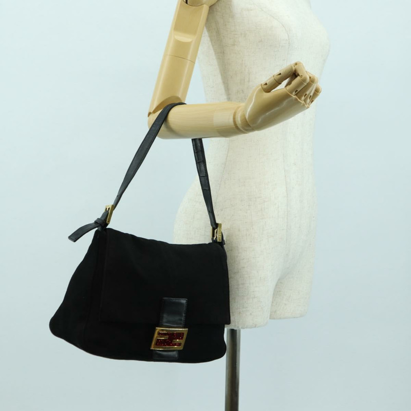 【日本直送】FENDI Mamma Baguette 單肩包 麂皮 黑色 金色 正品 yk20351SAM-25