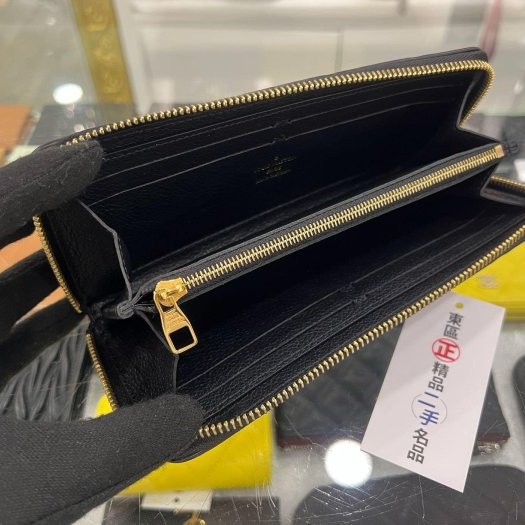 東區正精品㊣LOUIS VUITTON LV M60171 黑色全皮壓紋金釦ㄇ字拉鍊窄版長夾 RZ6420-1