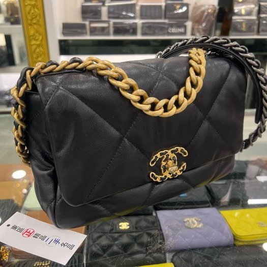 東區正精品㊣CHANEL 19 AS1160香奈兒黑色大菱格紋小羊皮金銀鍊肩背包手提包小號 26CM RZ6421-1