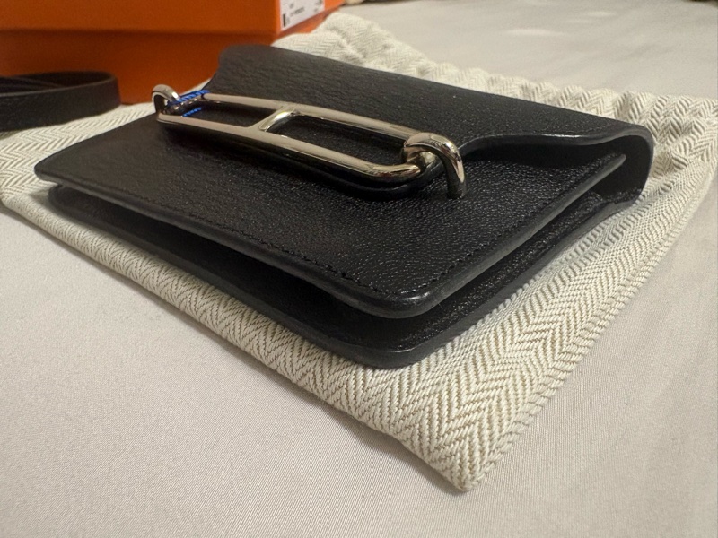 近全新 HERMES ermes roulis slim 豬鼻子 小廢包 黑色 銀扣 山羊皮 錢包 腰包-1