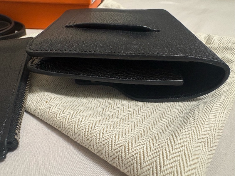 近全新 HERMES ermes roulis slim 豬鼻子 小廢包 黑色 銀扣 山羊皮 錢包 腰包-3