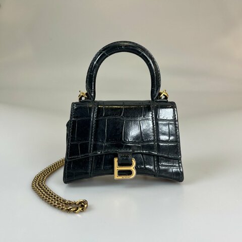 BALENCIAGA 664676黑鱷魚壓紋沙漏包MINI