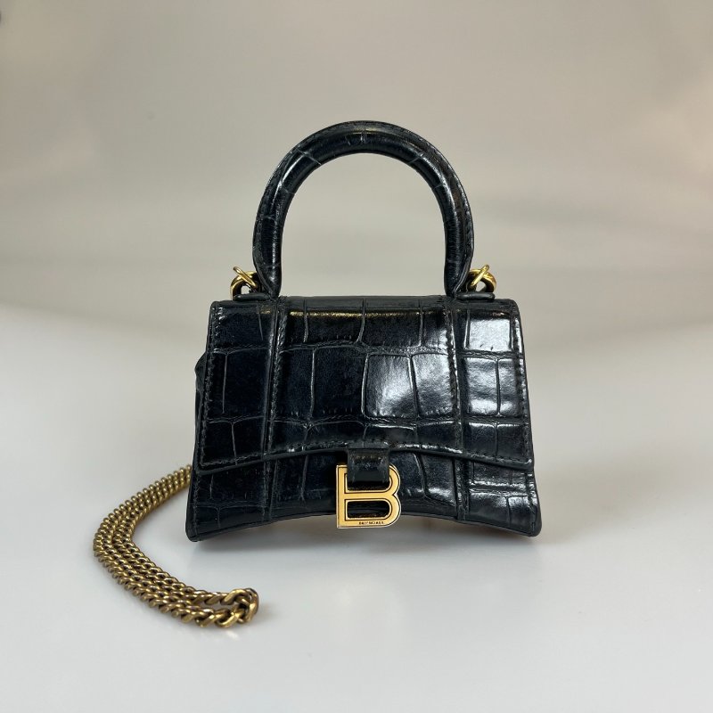 BALENCIAGA 664676黑鱷魚壓紋沙漏包MINI-0