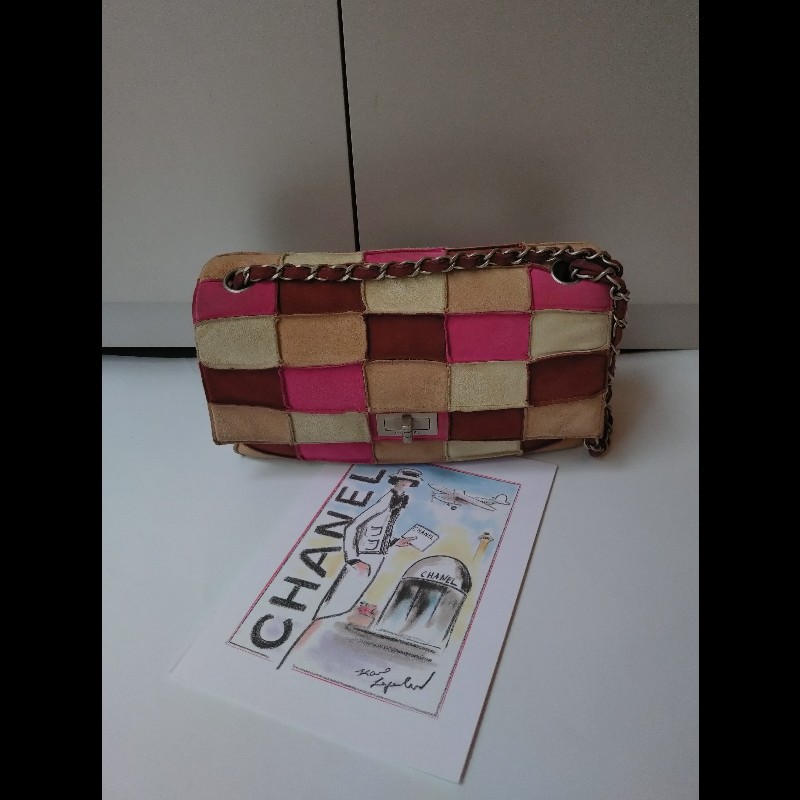 Chanel 銀鍊粉咖米拼色方格方釦肩側包-0