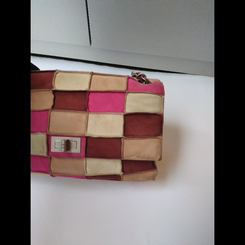 Chanel 銀鍊粉咖米拼色方格方釦肩側包-9