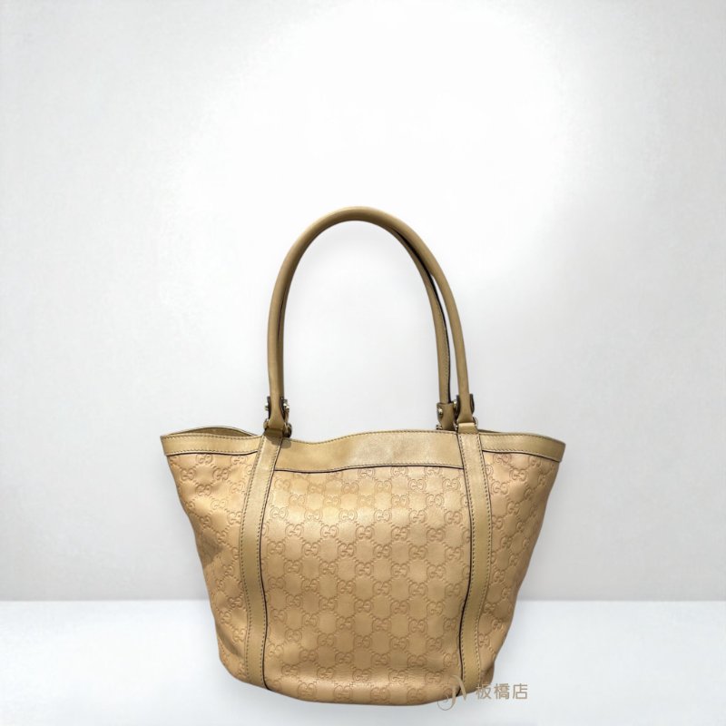 JS1358-Gucci 奶茶牛皮GG壓紋D環扣雙耳肩背包-3