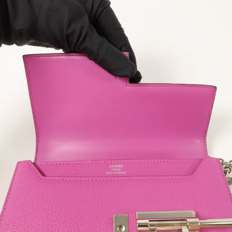 HERMES Chevre皮革Verrou Mini鏈帶肩背袋Rose Extreme-10