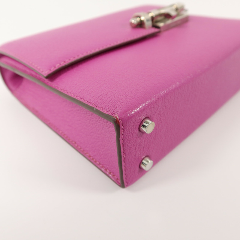 HERMES Chevre皮革Verrou Mini鏈帶肩背袋Rose Extreme-12