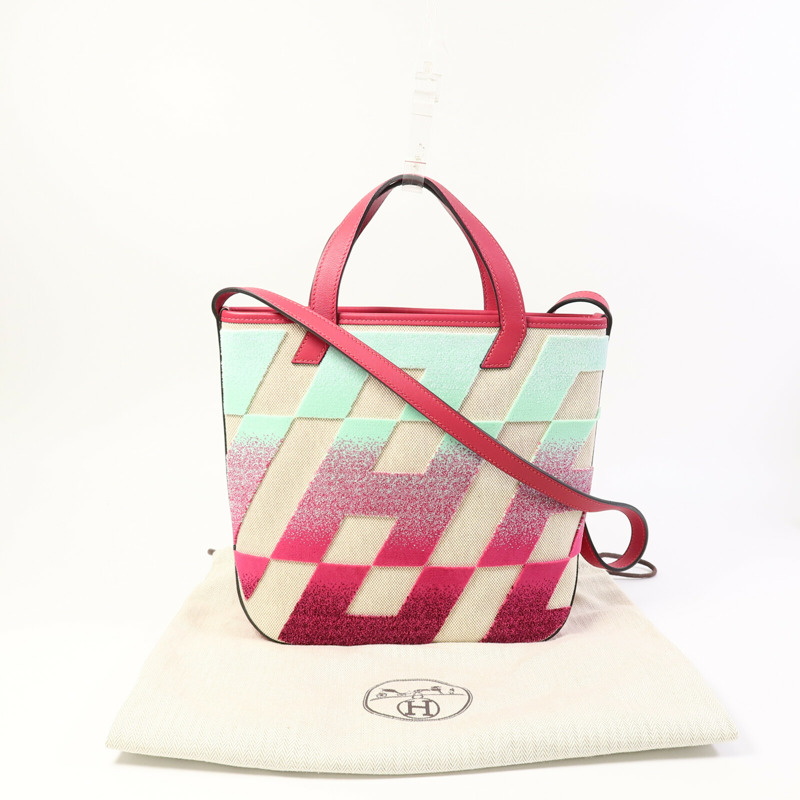 HERMES Canvas/Velvet Cabas H En Bais 27手挽肩背兩用袋-8