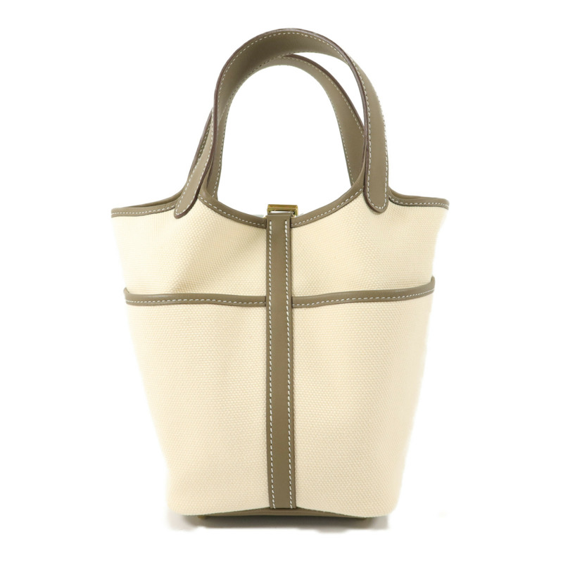HERMES Toile帆布/Swift皮革Picotin Cargo PM手挽袋Etoupe-1