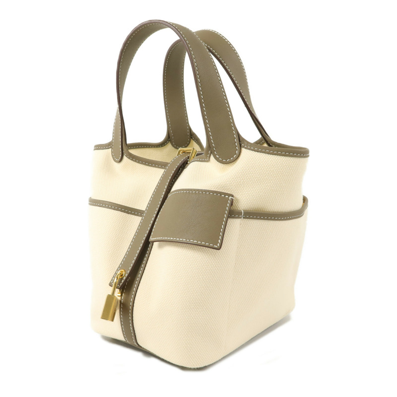 HERMES Toile帆布/Swift皮革Picotin Cargo PM手挽袋Etoupe-2