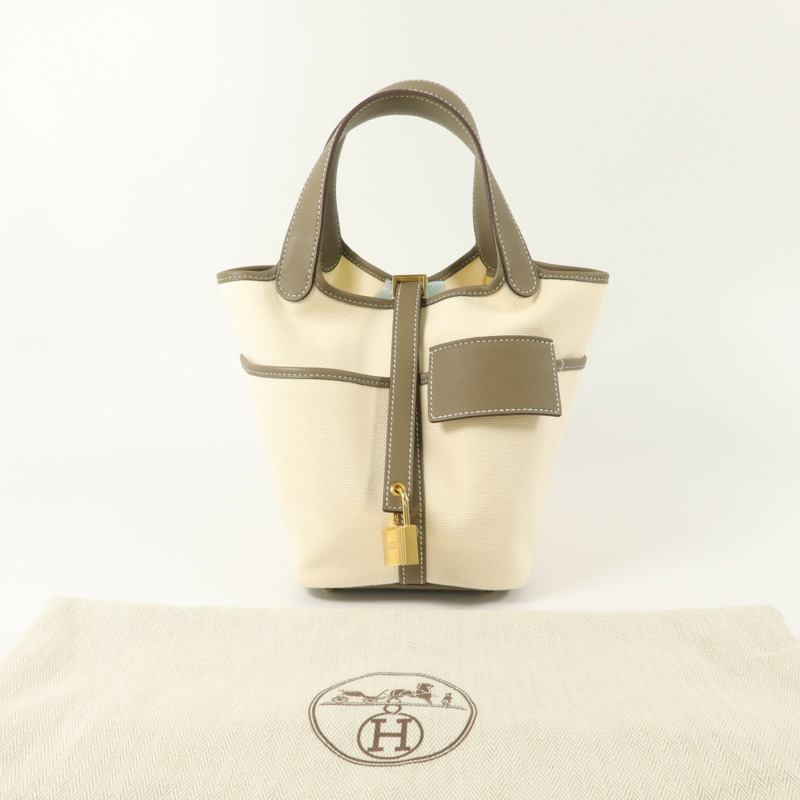 HERMES Toile帆布/Swift皮革Picotin Cargo PM手挽袋Etoupe-8