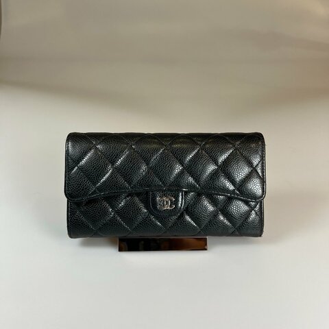 CHANEL CF黑銀荔枝長夾 保卡款31開