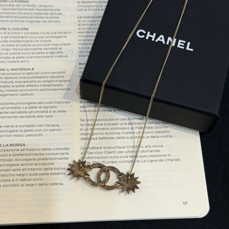 CHANEL淡金雙星星花珍珠項練-4
