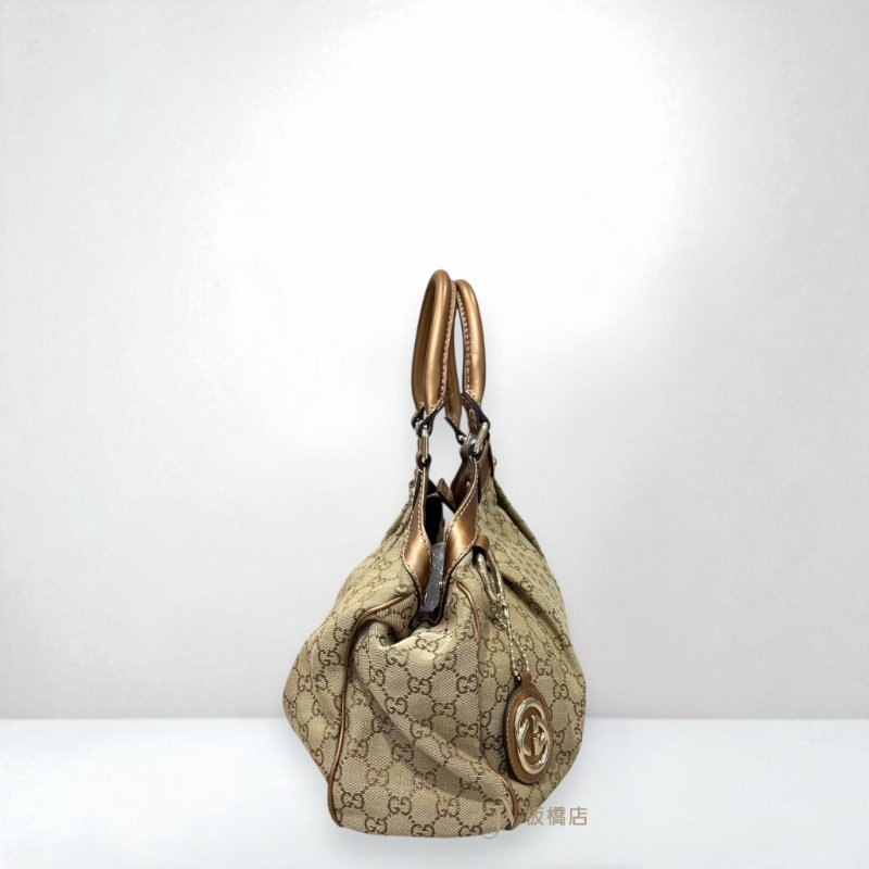 JS1381-Gucci包包 金咖啡牛皮拼緹花帆布手提包211944-1