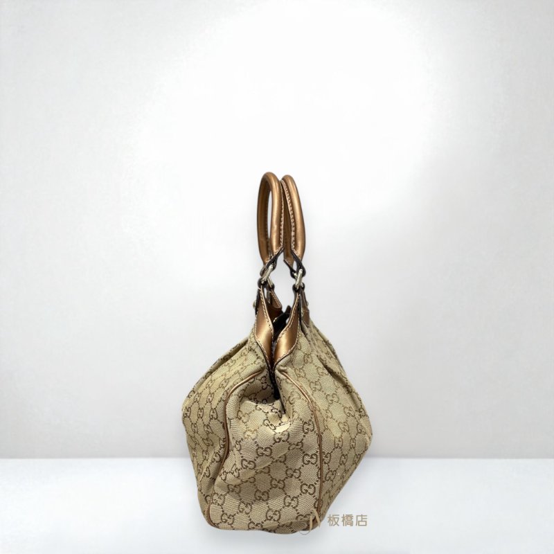 JS1381-Gucci包包 金咖啡牛皮拼緹花帆布手提包211944-2