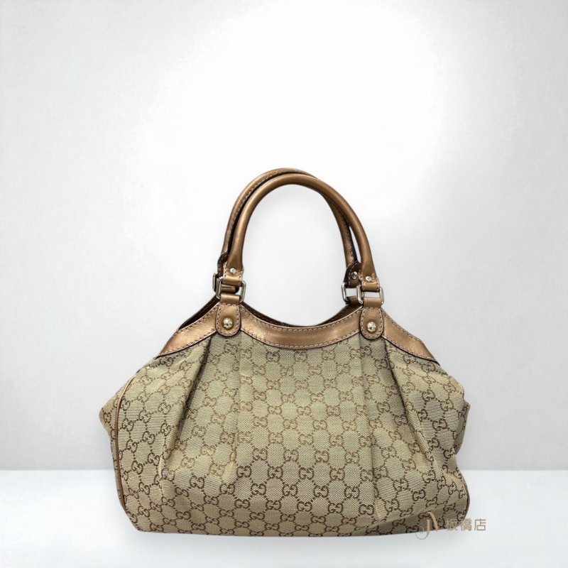 JS1381-Gucci包包 金咖啡牛皮拼緹花帆布手提包211944-3