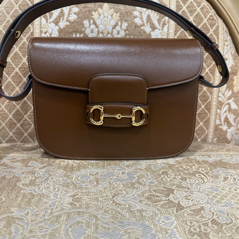 Gucci 咖牛皮金馬銜釦1955中號肩斜背馬鞍包-0