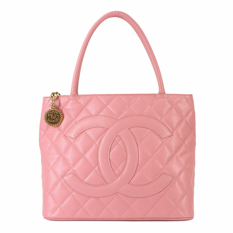 Chanel Medallion 手提包，經典設計的複刻版，採用粉紅色魚子醬皮革製成，配金色五金配件（A01804）。-0