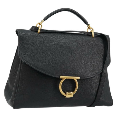 Salvatore Ferragamo Gancini 黑色金色皮革肩背包，正品編號 175970A