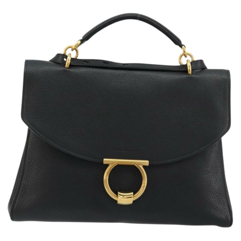 【日本直送】Salvatore Ferragamo Gancini 黑色金色皮革肩背包，正品編號 175970A-1