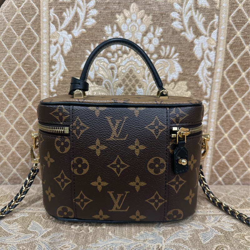 LV 雙色原花金釦Vanity PM手提肩背化妝包M47128-1