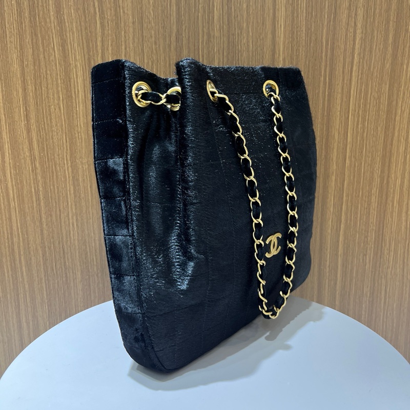 香奈兒Chanel｜華夫格馬毛水桶 黑金 中古-3