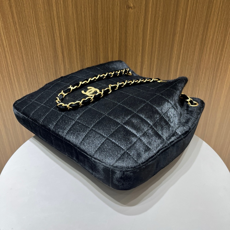 香奈兒Chanel｜華夫格馬毛水桶 黑金 中古-5