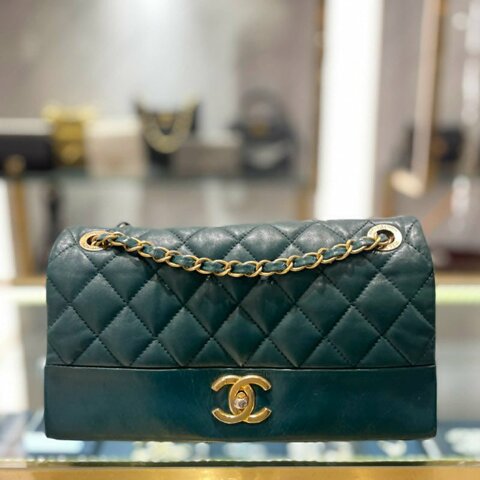 CHANEL 雙層翻蓋鏈包 金釦 綠色