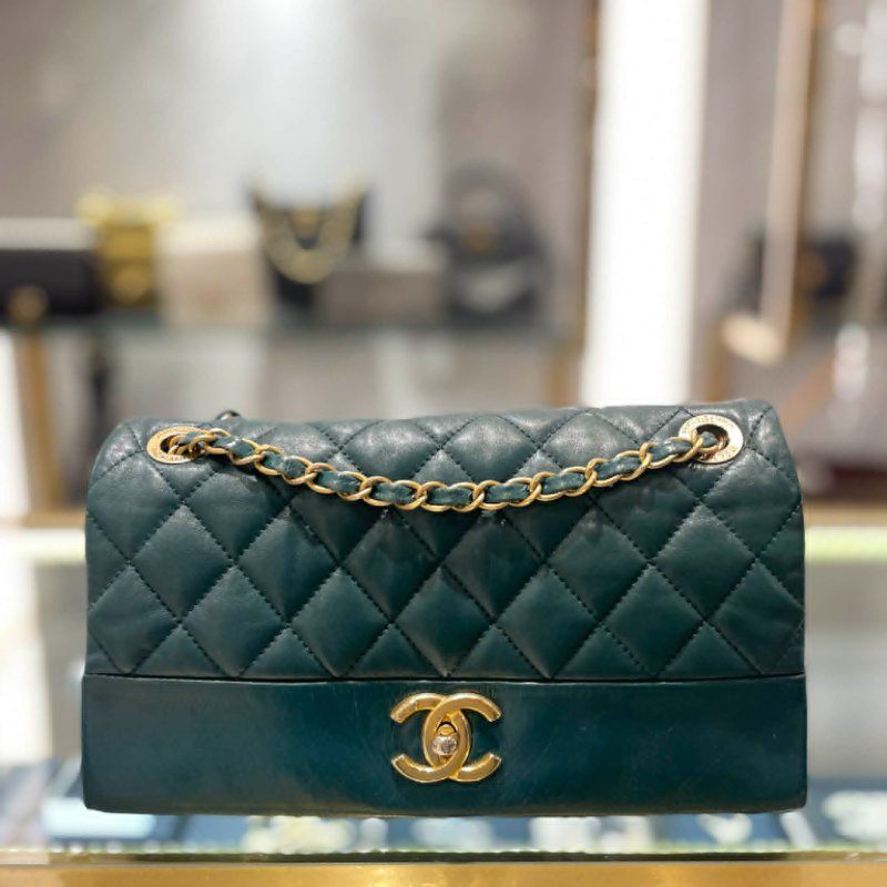 CHANEL 雙層翻蓋鏈包 金釦 綠色-0