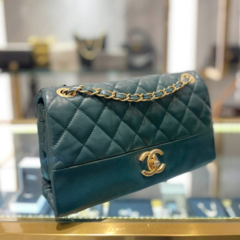 CHANEL 雙層翻蓋鏈包 金釦 綠色-1