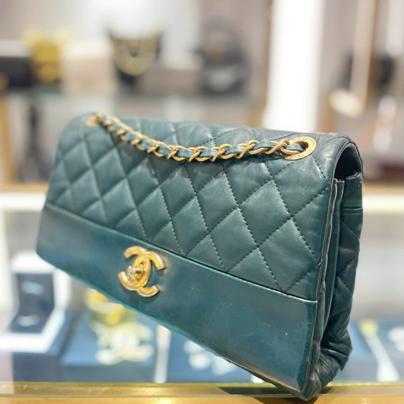 CHANEL 雙層翻蓋鏈包 金釦 綠色-2