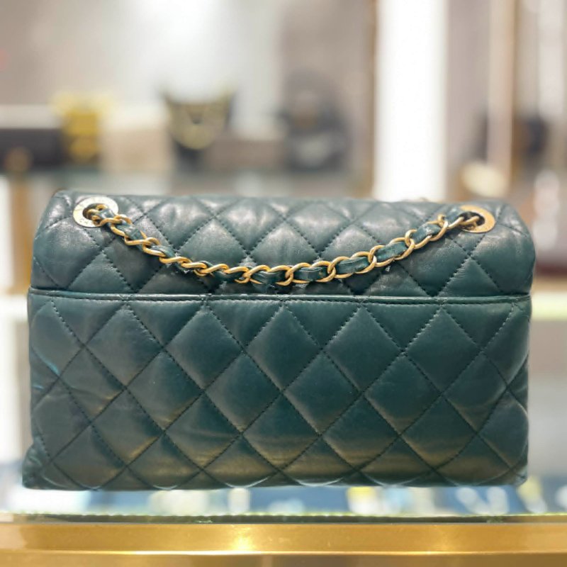 CHANEL 雙層翻蓋鏈包 金釦 綠色-3