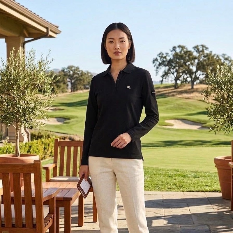 BURBERRY GOLF 黑色經典格紋滾邊POLO戰馬上衣-0