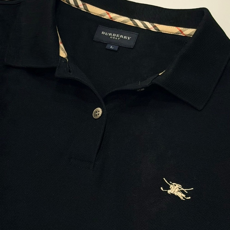 BURBERRY GOLF 黑色經典格紋滾邊POLO戰馬上衣-4