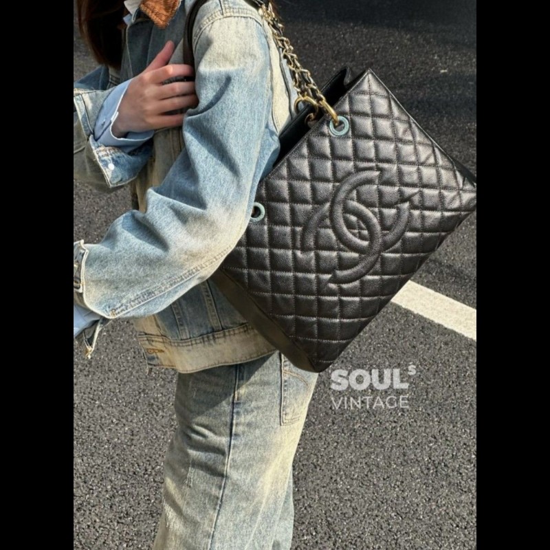 香奈兒 Chanel GST 黑色荔枝牛皮金釦金鍊肩背包 手提包-0