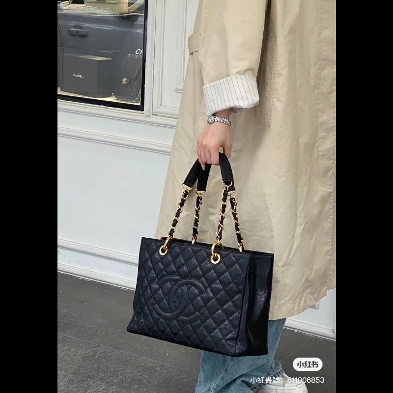 香奈兒 Chanel GST 黑色荔枝牛皮金釦金鍊肩背包 手提包-2