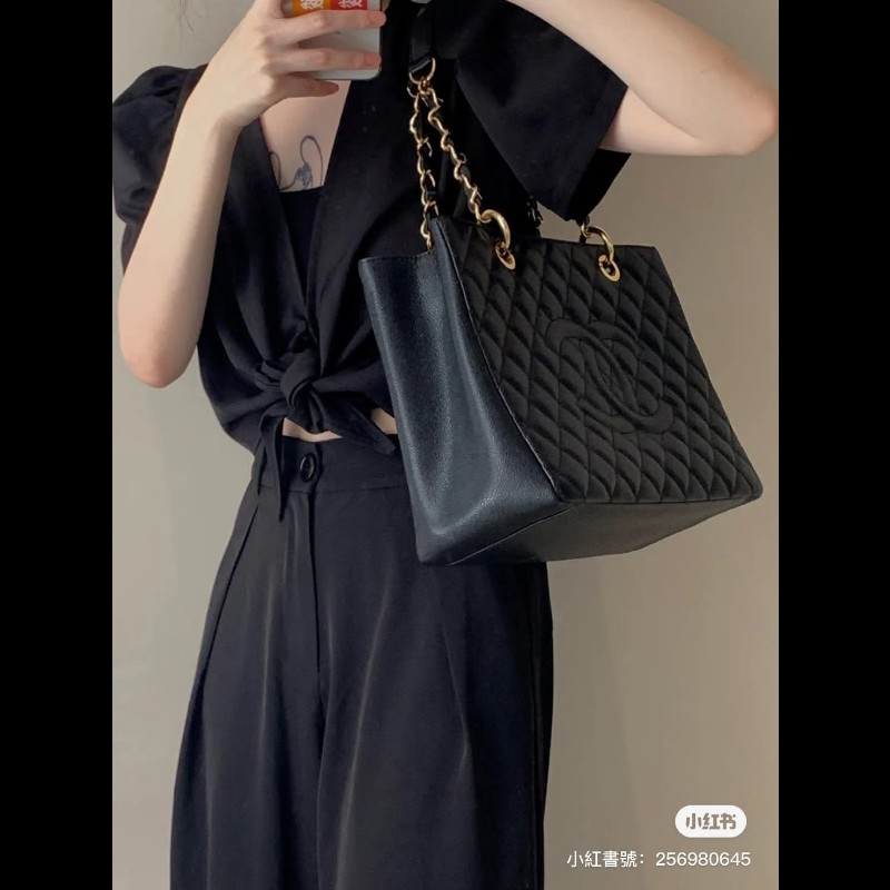 香奈兒 Chanel GST 黑色荔枝牛皮金釦金鍊肩背包 手提包-3